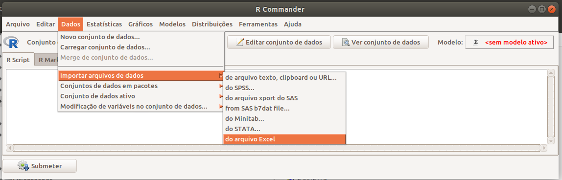 Opções de importação de dados a partir do R Commander.