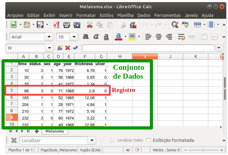 Exemplo de um arquivo de dados no formato do Excel, com o nome Melanoma.xlxs. Fonte: conjunto de dados Melanoma do pacote MASS ( GPL-2 | GPL-3).