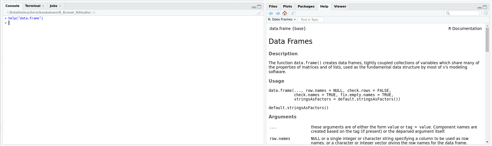 Aba de Ajuda do RStudio, mostrando a descrição e os argumentos da função data.frame.