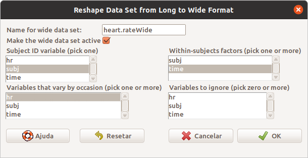 Tela para a seleção das variáveis que serão utilizadas para converter o formato longo de heart.rate para o formato largo.