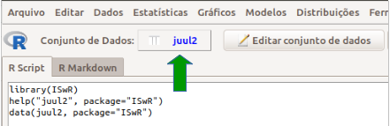 Tela do R commander após o carregamento do conjunto de dados juul2. Observem a função que foi executada – data(juul2, package="ISwR") – e o nome do conjunto selecionado (seta verde).